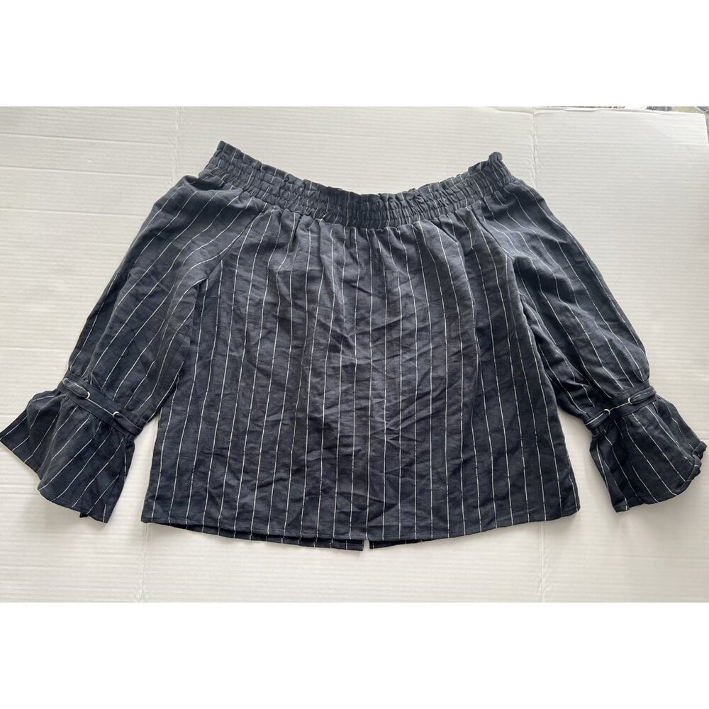 LUCKY BRAND Off the Shoulder Linen Shirt Blouse Dark Gray Stripe Lines Large - Picture 8 of 8